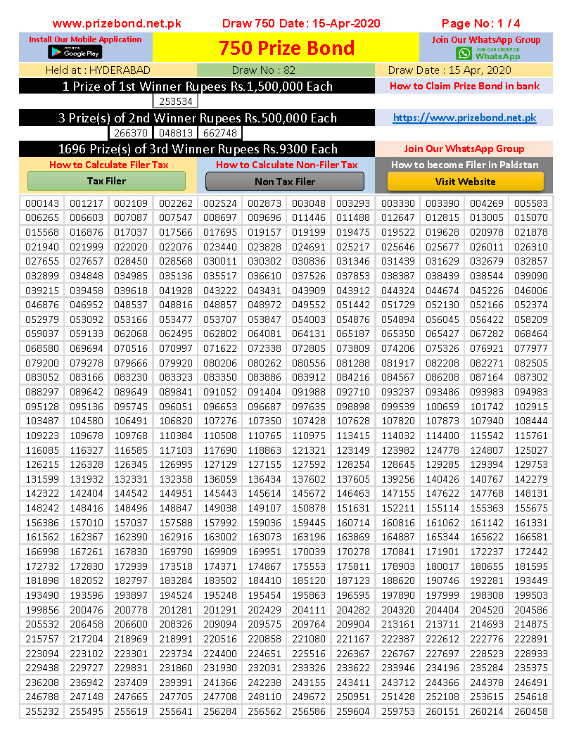 750 Prize bond Download HD Image as .JPG .Xlsx & .pdf Page 1